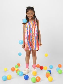 Nautinati - Girls Multi-Color Serpentine Printed Flutter Sleeve Square Neck A-Line Dress