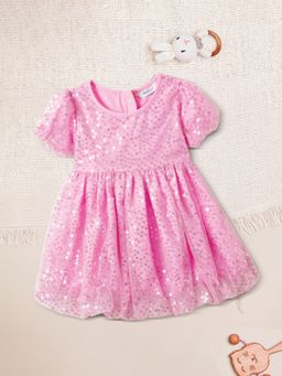 Nautinati - Girls Pink Embellished Sequined Puff Sleeves Fit & Flare Dress