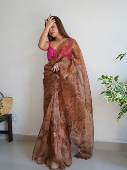 Odette - Brown Organza Printed Saree with Unstitched Blouse