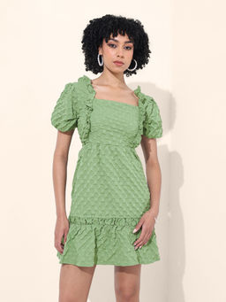Freehand - Women Green Fitted Textured Square Neck Ruffle Dress
