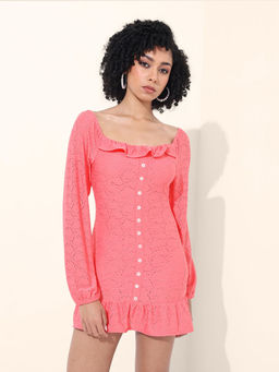 Freehand - Women Peach Fitted Square Neck Full Sleeves Dress