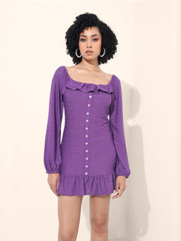 Freehand - Women Purple Fitted Square Neck Full Sleeves Dress
