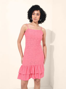 Freehand - Women Pink Fitted Self Design Sleeveless Dress