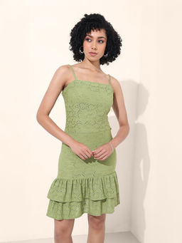 Freehand - Women Green Fitted Self Design Sleeveless Dress