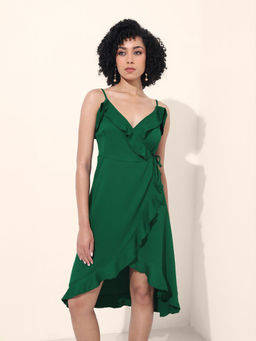Freehand - Women Green Fitted Textured Sleeveless Wrap Dress