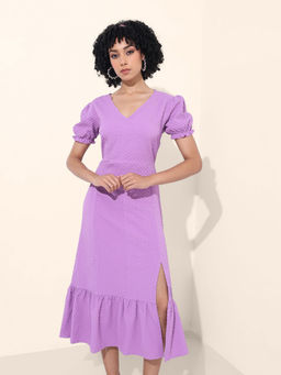 Freehand - Women Purple Textured V-Neck Half Sleeves Dress