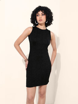 Freehand - Women Black Fitted Textured Crew Neck Sleeveless Bodycon Dress
