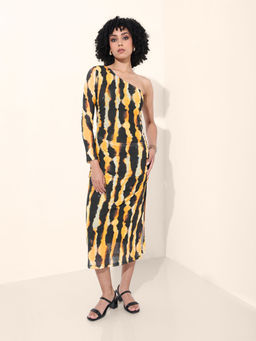 Freehand - Women Yellow Abstract One Shoulder Full Sleeves Dress
