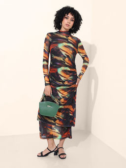 Freehand - Women Multi-Color Abstract High Neck Full Sleeves Midi Dress