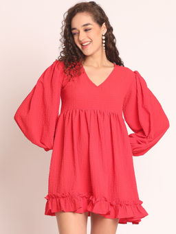 AOBA - Women Red Puff Sleeve Linen Empire Mini Dress