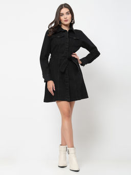 COSMIC TRIO - Women Black Solid Denim Dress with Belt