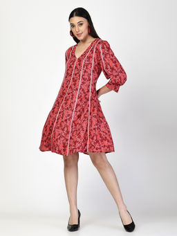 COSMIC TRIO - Women Red Floral Printed Lace Inserted Dress