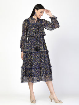 COSMIC TRIO - Women Black Floral-Print Tiered Dress