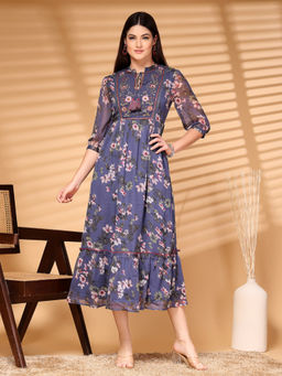 COSMIC TRIO - Women Blue Fit & Flare Floral Chiffon Midi Dress