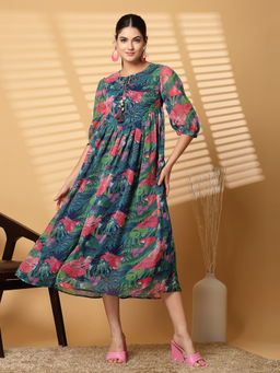 COSMIC TRIO - Women Green Floral Print Tie-Up Neck Midi Dress