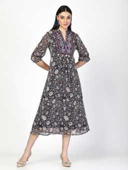 COSMIC TRIO - Women Navy Blue Embroidered A-Line Dress