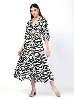 COSMIC TRIO - Women White Animal Print Fit Flare Midi Dress