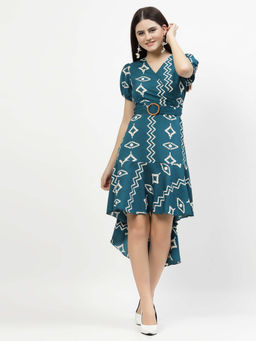 COSMIC TRIO - Women Teal Printed Poly Crepe Long Dress with Belt
