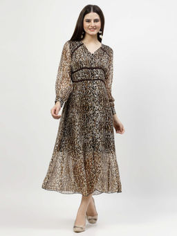 COSMIC TRIO - Women Brown Animal Print Chiffon Dress