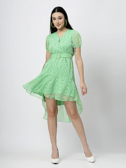 COSMIC TRIO - Women Green High Low Light Wrap Dress with Belt