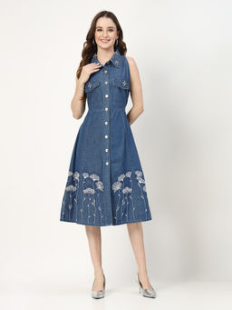 COSMIC TRIO - Women Blue Embroidered Denim Dress