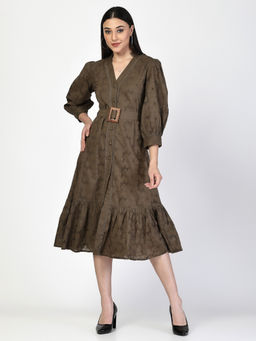 COSMIC TRIO - Women Brown Self Design Schiffli Dress with Belt