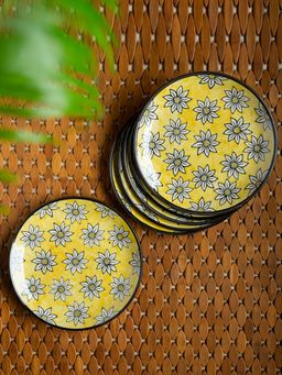 ExclusiveLane - 'Californian Sunflowers' Hand-Painted Ceramic Dinner Plates (Set Of 6)