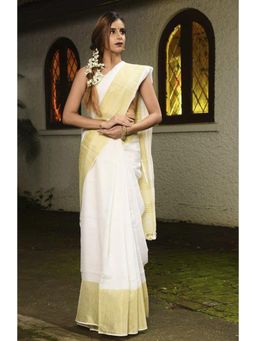 Beatitude - White and Golden Handwoven Linen Saree with Unstitched Blouse