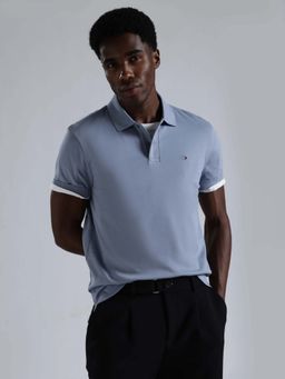 Tommy Hilfiger - Men Dusky Blue Solid Regular Fit Cotton Polo T-shirt
