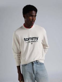 Tommy Hilfiger - Men Off White Text Logo Regular Fit Cotton Sweatshirt