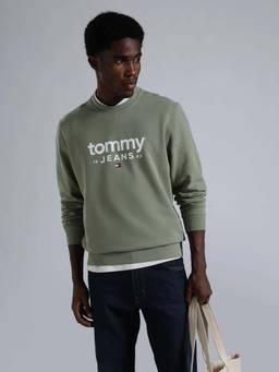 Tommy Hilfiger - Men Olive Text Logo Regular Fit Cotton Sweatshirt