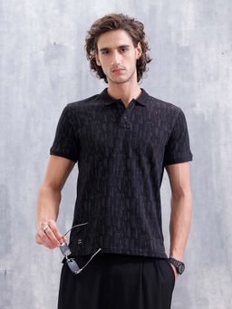 WROGN - Men Black Aop Printed Slim Fit Polo T-shirt