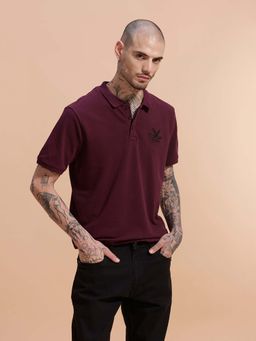 WROGN - Men Wine Solid Logo Polo T-shirt