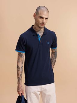 WROGN - Men Navy Blue Contrast Ribbed Pique Polo T-shirt