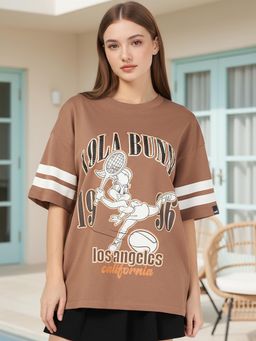 Bewakoof - Looney Tunes Lola Bunny Women's Brown Graphic Printed Oversized T-Shirt