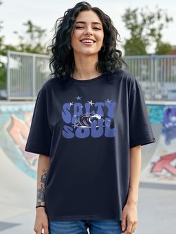 Bewakoof - Women's Navy Blue Salty Soul Typography Oversized T-Shirt