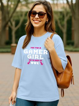 Bewakoof - Women's Sky Blue Gamer Girl Typography Oversized T-Shirt