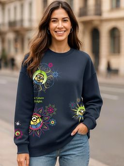 Bewakoof - Minions Women's Navy Blue Graphic Printed Oversized Sweatshirt