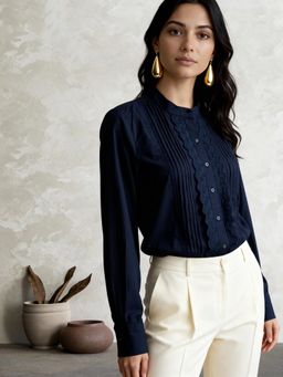 Globus - Women Navy Blue Mandarin Collar Solid Pleated Detail Shirt