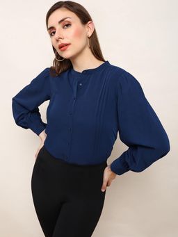 Globus - Women Blue Mandarin Collar Solid Pleated Workwear Shirt