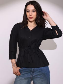 Globus - Women Black V-Neck Tailored Fit Shirt with Belt