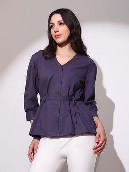 Globus - Women Purple V-Neck Tailored Fit Shirt with Belt