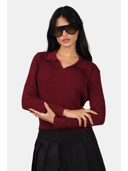 Virgio - Viscose Full Sleeve Knit Maroon Polo T-Shirt for Women
