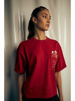 Virgio - Embroidered Cutout Detail T-Shirt for Women-Red