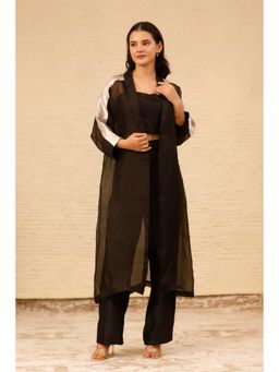 EEDA - Black Solid Long Jacket with Crop Top and Pant (Set of 3)