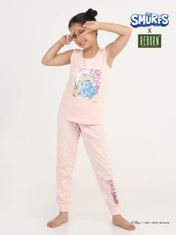 REBORN - Smurfs Collection Girls Chest Printed Pink T-shirt & Pyjama
