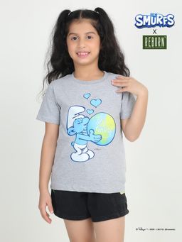 REBORN - Smurfs Collection Girls Chest Printed T-Shirt- Grey