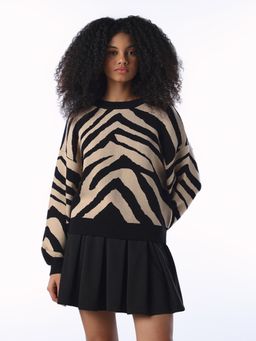 ONLY - Women's Abstract Print Oversized Fit Black Sweatshirt