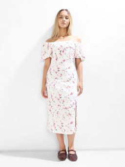 ONLY - Women's Floral Print Fit and Flare White Dress