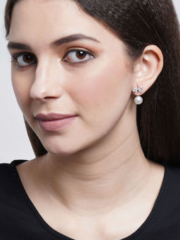 Karatcart - Silver Toned CZ Studded Pearl Bow Shaped Drop Earring